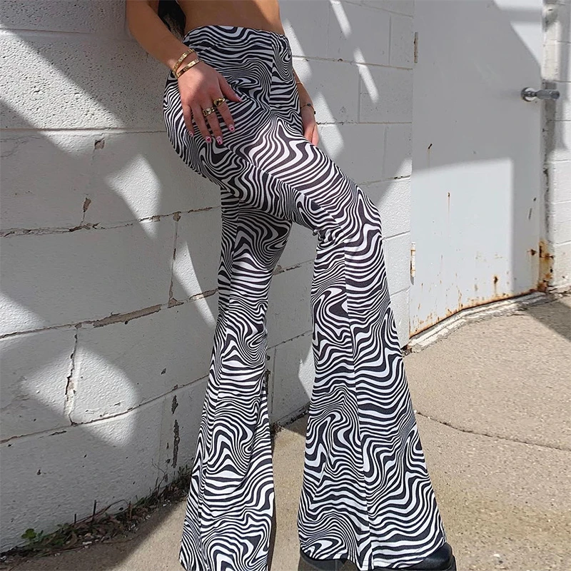 Harajuku Water Ripple Printed Flare Pants Boot Cut Women High Waist Trousers Casual Streetpants Ladies Elegant Pantalon P098 white capris