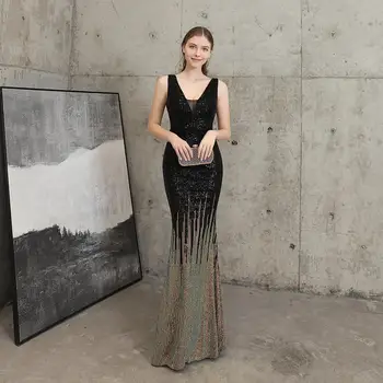 

AE728 Black Prom Dresses 2020 Elegant Mermaid Sequined Sleeveless V-neck Long Party Gowns Sexy Wedding Guest Gowns