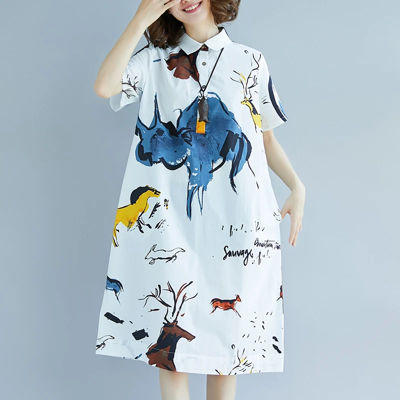 

Fashion 2019 New Women Dresses Casual Plus Size Cotton Linen Summer Blouse Dress Short Sleeve Loose Print Vintage Dress