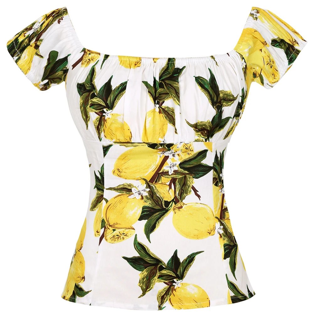 

Lemon Print Women Off Shoulder Bandage 50s Tops Blouse Shirt Ladies Short Sleeve Slash Neck 2020 Summer Fashion Dropshipping