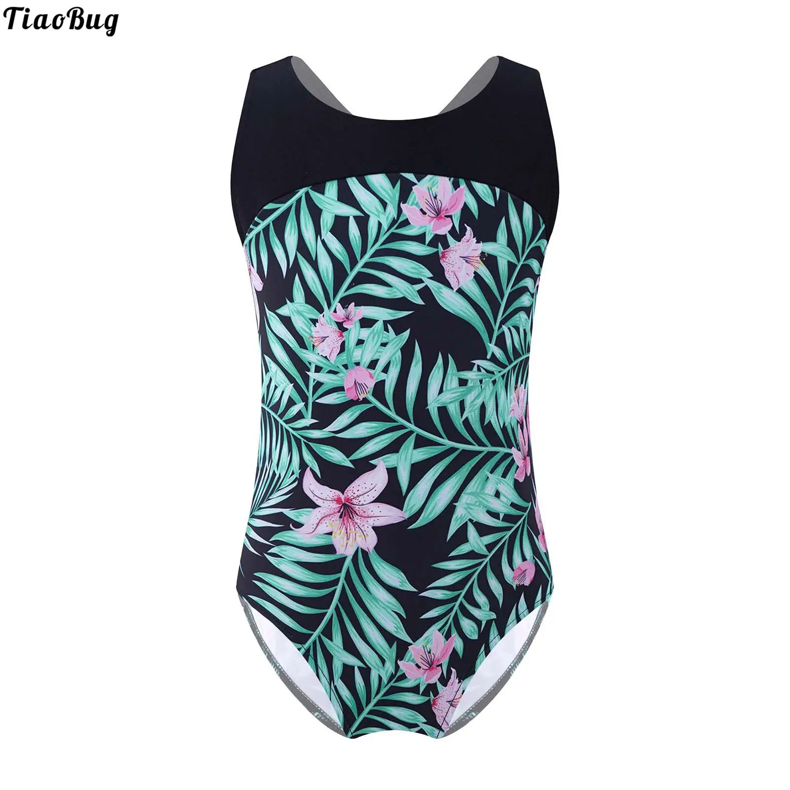TiaoBug Summer Kids Girls One-Piece Print Swimming Bathing Beach Pool Swimsuit Round Neck Sleeveless Leotard Bodysuit Swimwear