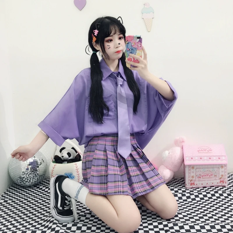 Летняя корейская модная женская фиолетовая блузка Harajuku с рукавами «летучая мышь», школьная рубашка для девочек с галстуком-бабочкой, женские топы, японская одежда