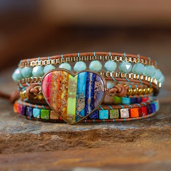 

7 Chakra Leather Wrap Bracelets Mixed Natural Stone Heart Shape multi colors 3 layers bead Bracelet Jewelry Bijoux Dropshipping