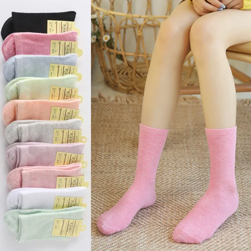 5 пара/лот, размер 35-42, новые летние женские носки до середины икры ярких цветов, хлопковые повседневные однотонные носки для девушек-студенток