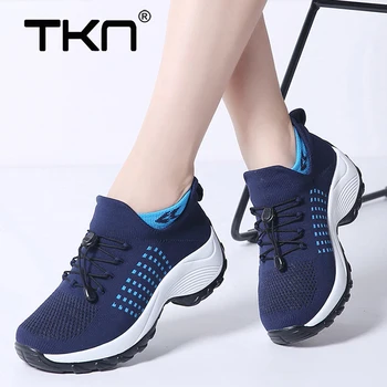 

2019 Spring Women Lightweight Sneakers Lace Up Flats Wedge Platform Sock Shoes Woman Breathable Mesh Tenis Sapatos Feminino 1855