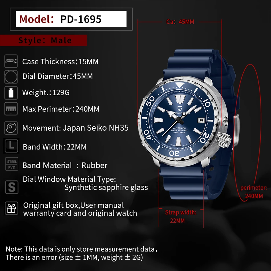 PAGANI DESIGN New 45MM Tuna Diving Wristwatch Men's 300M Waterproof Mechanical Automatic Watches Ceramic Bezel Relogio Masculino