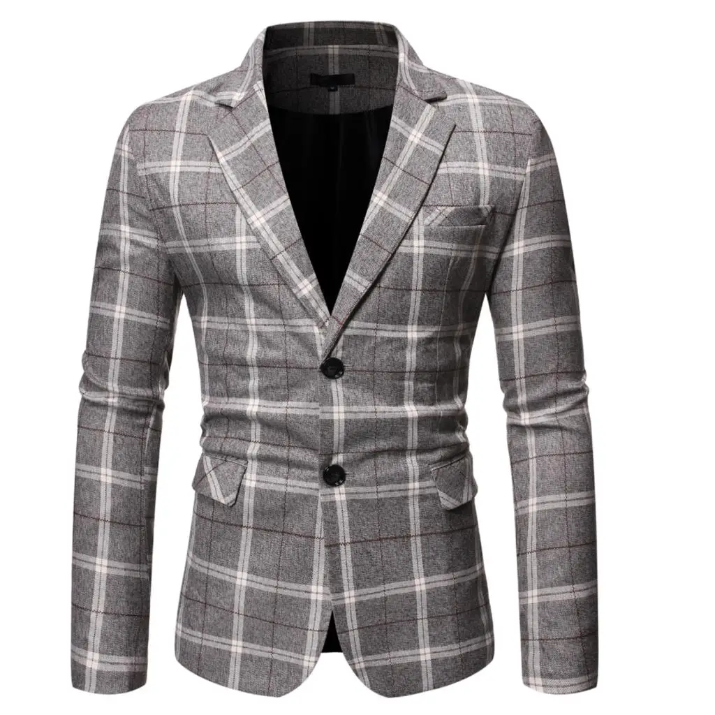 PUIMENTIUA 2019 New Fashion Mens Plaid Casual Blazers Stylish Business Wedding Party Outwear Coat Tops Button Slim Fit Blazer