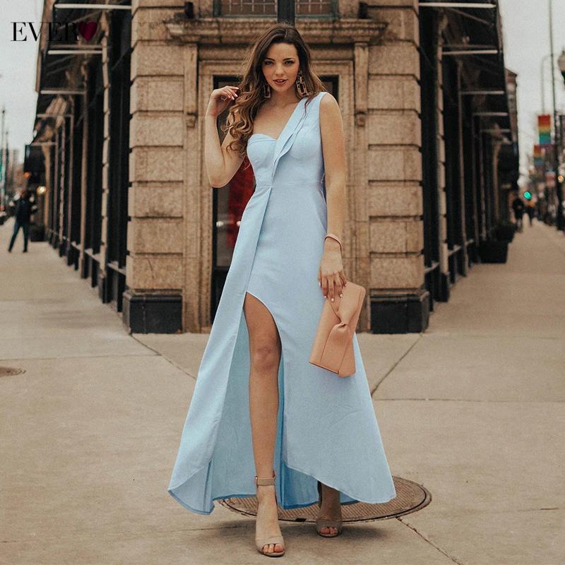 

Elegant Blue Evening Dresses Long Ever Pretty Asymmetrical One-Shoulder Side Split Evening Gowns For Party Robe De Soiree 2019