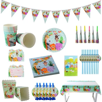 

Jungle zoo Birthday Party decor Disposable Tableware Jungle Animal Disposable paper Plate Cup Napkin banner tablecloth gift bag