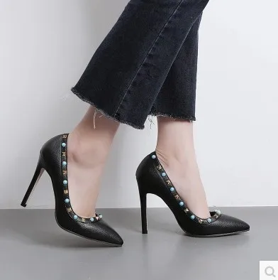 

2017 New Style Spring Summer Rivet Gemstone-Low-Cut Thin Heeled High-Heel WOMEN'S Shoes 40 Code