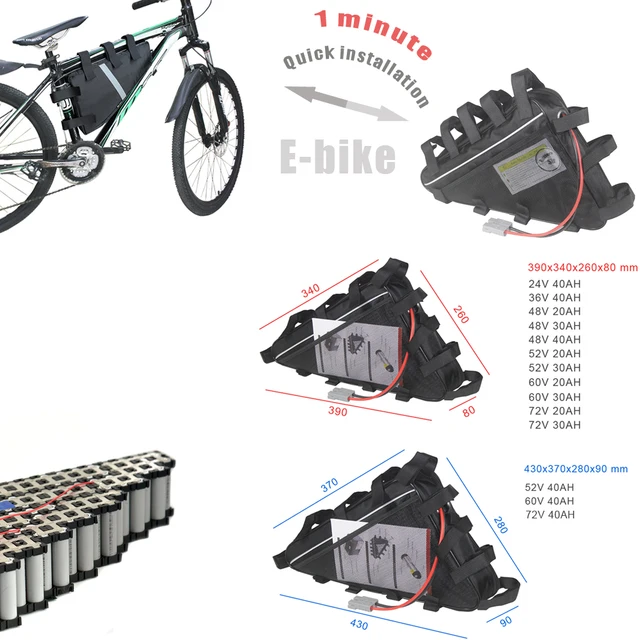電動自転車用リチウム電池パック 36V 48V 52V、20Ah 30Ah 急速充電器 + BMS