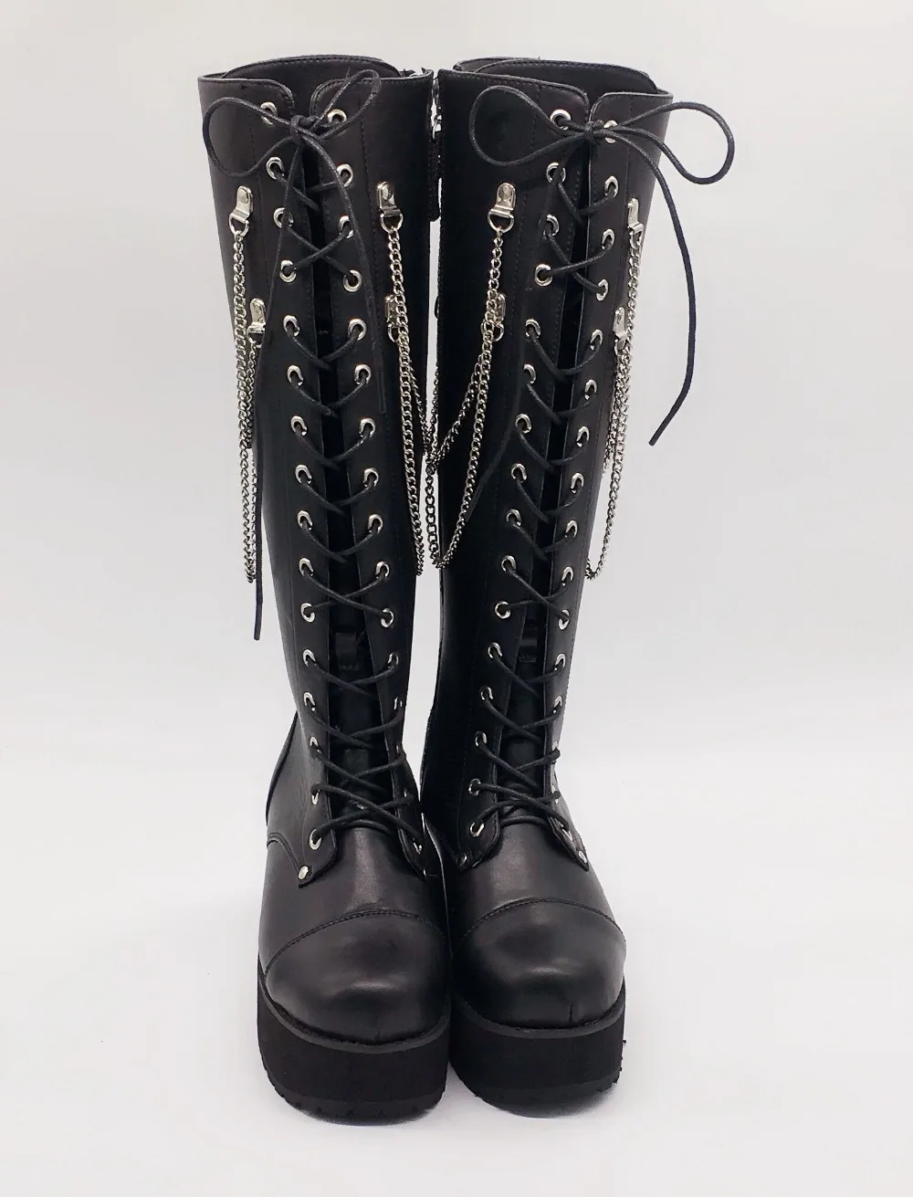 Женские черные сапоги до колена на платформе 8 см с цепочкой в стиле панк японский стиль лолиты платье принцессы на шнуровке зимние сапоги