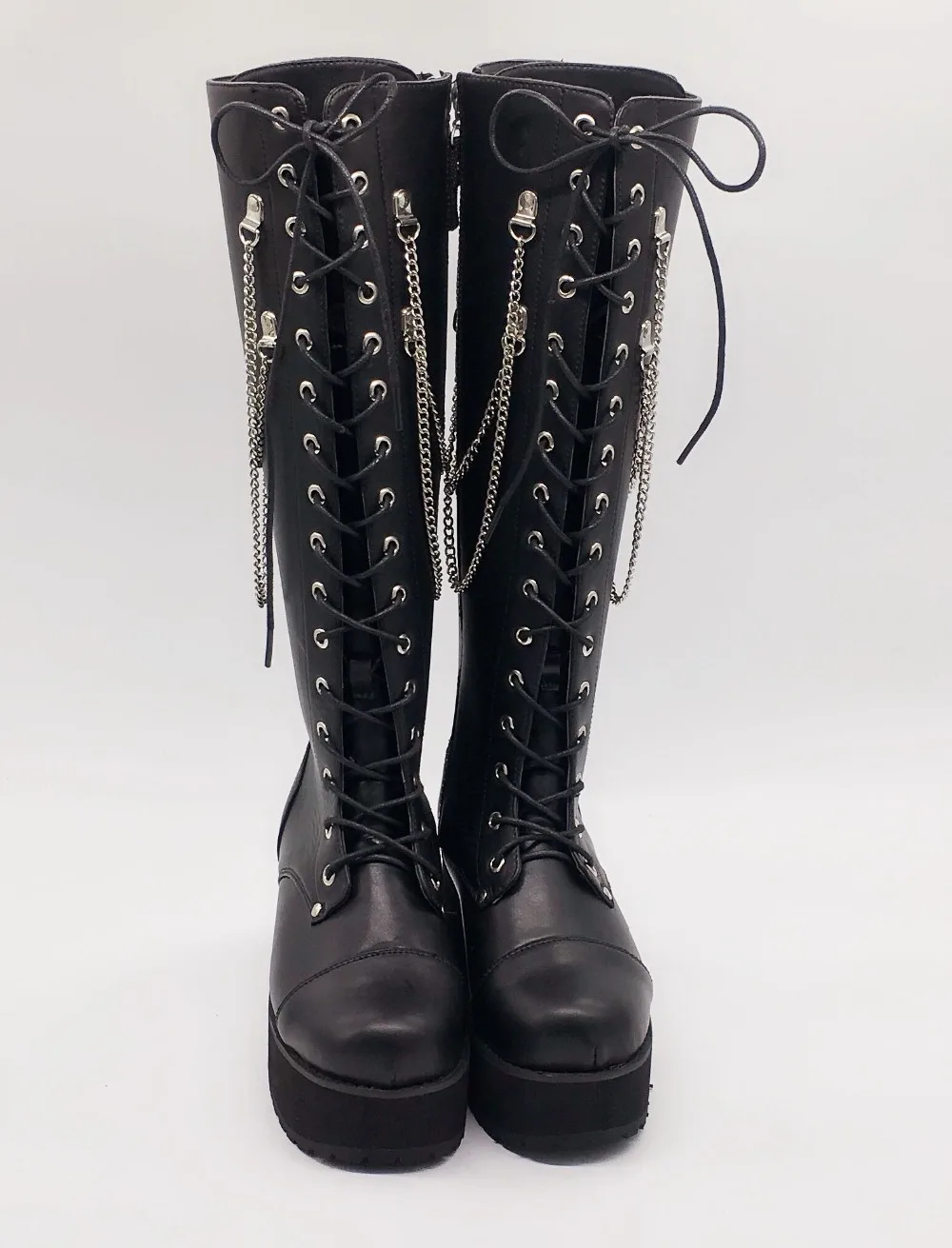 Women-Black-8cm-Knee-High-Platform-Chain-Punk-Boots-Japanese-Style-Lolita-Lace-Up-Princess-Uniform-Winter-Boots-2