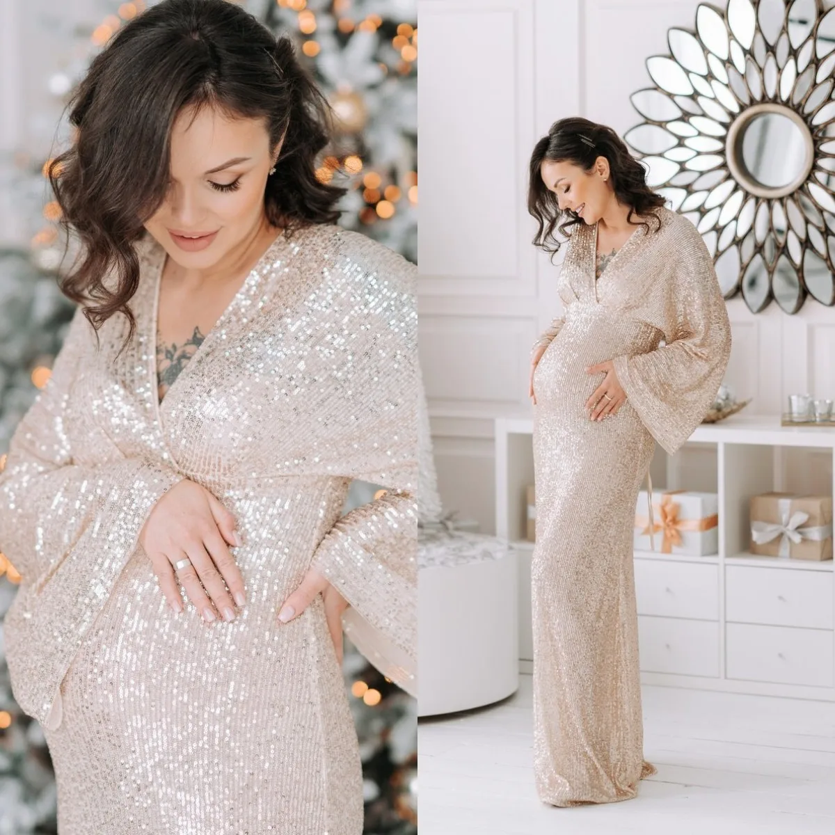 Champagne Maternity Pregnant Dresses Women Sequins Long Sleeves Sexy Party Long Prom Gowns Photo Shoot V Neck Baby Shower