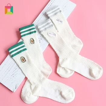 

Cute cartoon embroidery striped cotton high school girls cartoon socks ladies Harajuku designer retro long pile socks Glittery