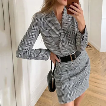 

Two Piece Sets Plaid Tracksuit Women Fall 2 Pieces Set Casual Short Top Shirts+Mini Skirt Matching Sets Outfits Autumn Korea