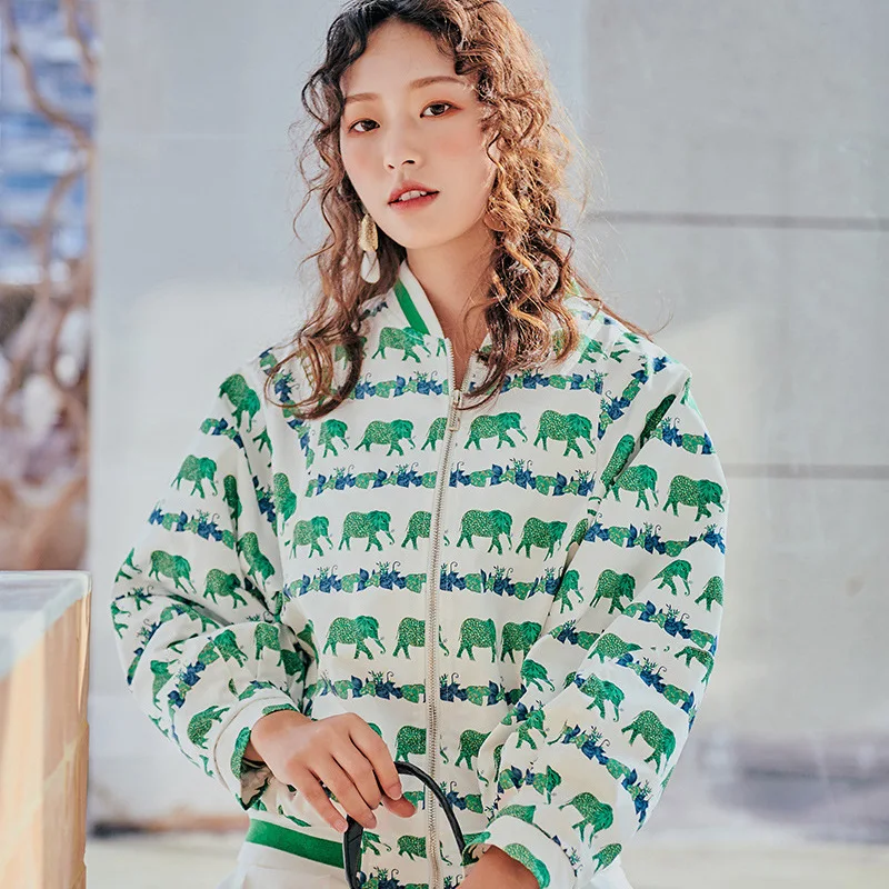 

L8114 Origional Designer-Baby Elephant Printed Bomber Jacket Coat Versatile Loose-Fit Street Popular Brand WOMEN'S Dress