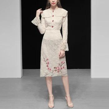 

Vintage Lace Floral Embroidery 2 Piece Set Women 2020 Spring Long Flare Sleeve Blouse+Midi Skirt Two Piece Outfits