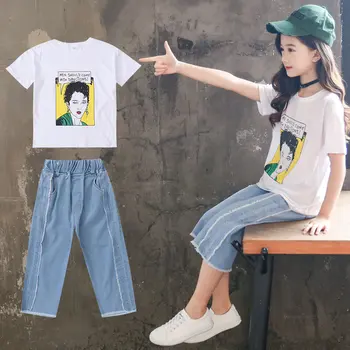 

2Pcs Teen Girls Clothes Set Spring Summer Toddler Girls Cartoon Print Pattern Tshirt + Solid Color Denim Wide Leg Pants Kids Set