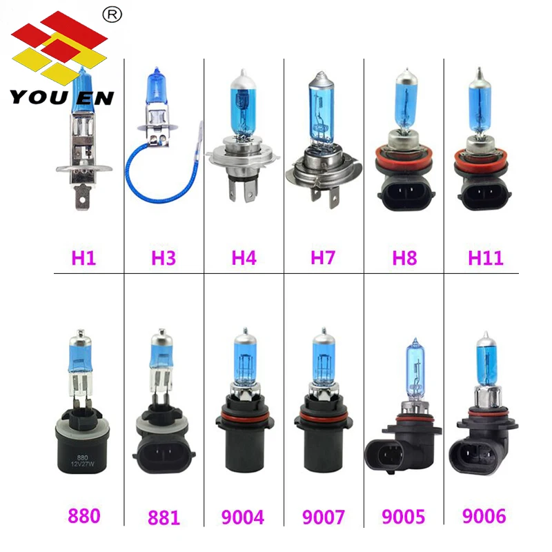 YOUEN автомобильный светильник H1 H3 H4 H7 H8 H9 H11 9005 HB3 9006 HB4 Авто галогенные лампы туман светильник s 55W 100W 12V Белый головной светильник s лампы