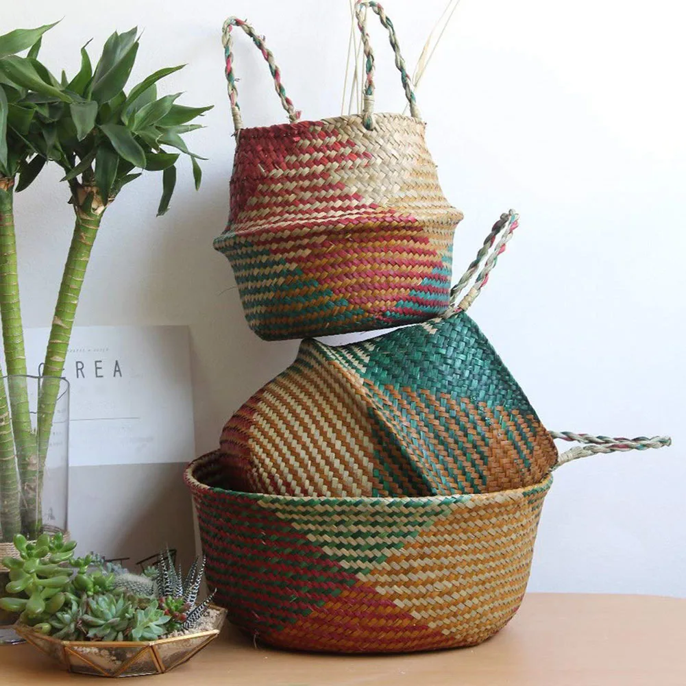 

Seagrass Foldable Storage Basket Handmade Bamboo Storage Baskets Natural Rattan Basket Plant Pot Toys Holder Laundry Basket Home