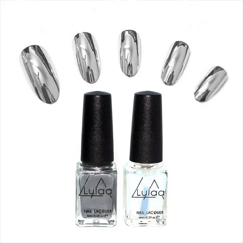 Fashion 2 Pcs/Set Silver Mirror Effect Metal Nail Polish Varnish Top Coat Metallic Nails Art Tips Nail Art Nail Polish