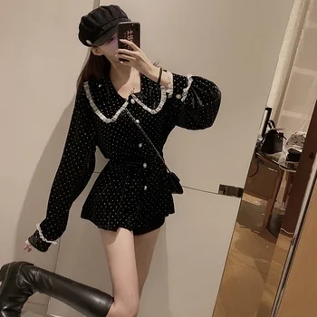 

Autumn And Winter 2019 New French Dot Ruffle Baby Collar And Waist Show Thin Design Sense Small Black Shirt Woman