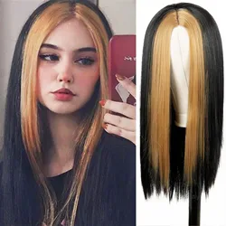 Long Black Straight Wig For Women Both sides Brown/Green/Purple/Pink Hair Middle Part Heat Resistant Wavy Cosplay Wig