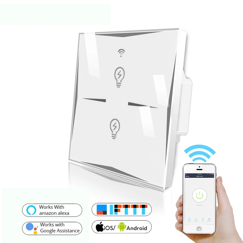 

Wifi Smart Wall Switch EU Glass Panel 2CH Mobile APP Remote Control Works with Amazon Alexa Google Home IFTTT No Hub required