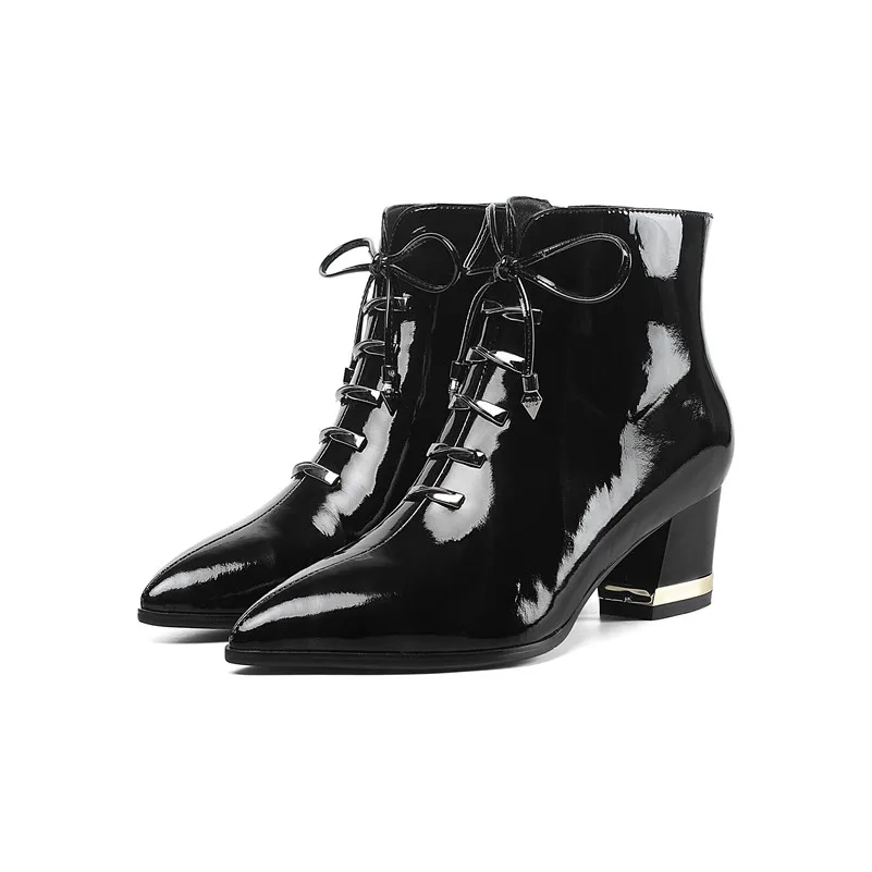 ANNYMOLI Winter Ankle Boots Women Patent Leather Bow Square High Heels Short Boots Zipper Pointed Toe Shoes Female Fall Size 42 - Цвет: Black Velvet Lining