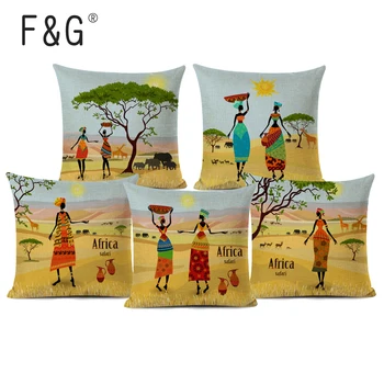 

African Woman Cushion Cover Africa Safari Decorative Pillowcase National Customs Pattern Sofa Home Decor Linen Pillow Cover