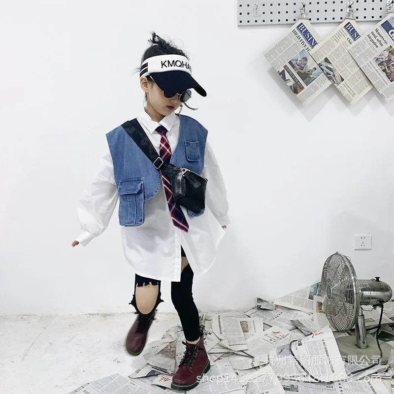 2020 spring new medium and large children girls white body with denim vest two-piece setscasual