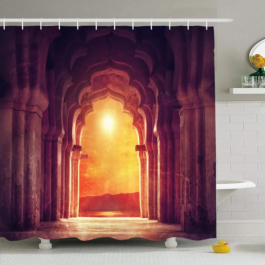 

Shower Curtain Set with Hooks 60x72 Sun Landmark Royal Orange Old Ruined Arch Crack Sunset Landmarks Rock Water Pond Vintage