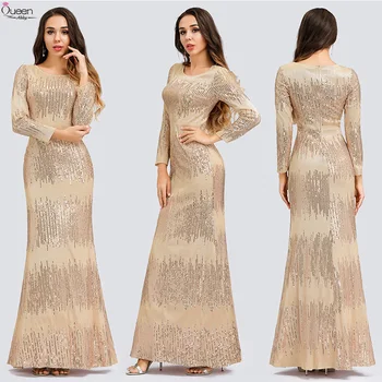 

Luxury Mermaid Evening Dresses Long Queen Abby O-Neck Full Sleeve Saudi Arabia Sexy Rose Gold Sequined Party Gowns Vestito Lungo