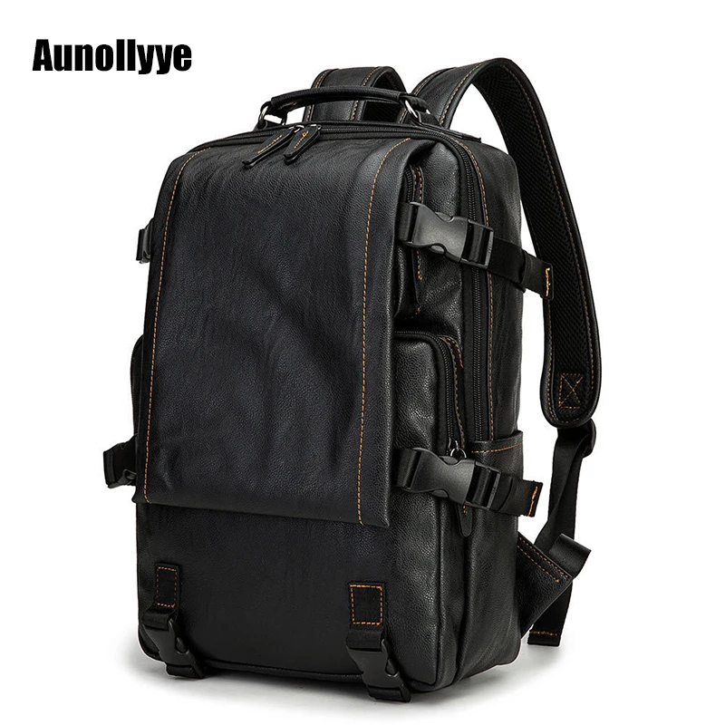

Designer Men's PU Leather Backpack Large Capacity Student School Bag Outdoor Waterproof Travel Bag Retro Multi-pocket Backpack