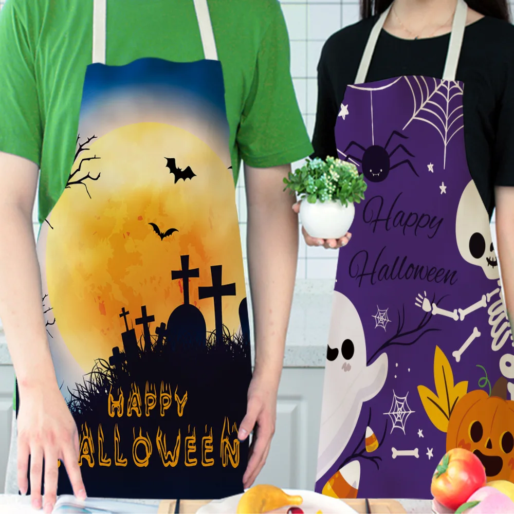 1 Pcs Pumpkin Witch Horror Happy Halloween Kitchen Aprons for Woman Man Home Cooking Baking Shop Cleaning Cotton Linen Apron