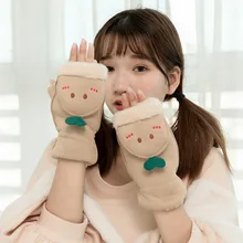 Feminino metade do dedo luvas térmicas engrossar presente luvas outono inverno mão mais quente lã artificial malha flip luvas macias