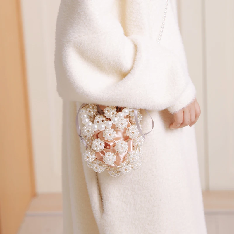 

2020 Xianjian Pure-handmade Famous Pearl Beaded Bucket Mini Purse Wedding Flower Prom Handbag Quality Evening Bolsas Sac a main