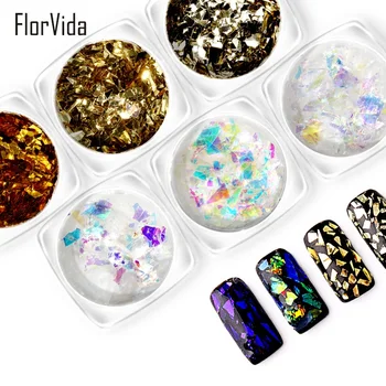 

FlorVida 6pcs Kit Nail Art Foil Stickers For Nails Chrome Tin Flake Holographic Laser Stickers Set for Manicure Decorations