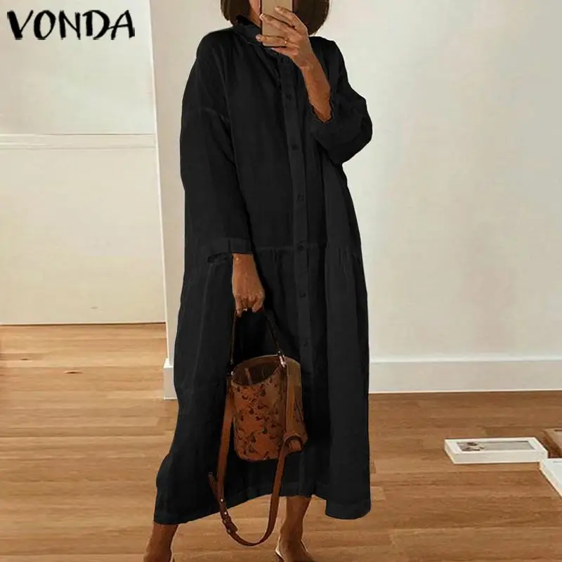 Goedkoop Vrouwen Jurk Vintage Turn down Kraag Mid Kalf Jurken VONDA 2019 Herfst Vrouwelijke Casual Lange Mouwen Losse Vestido plus Size S 5XL