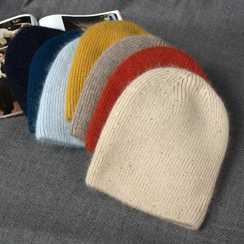 VISROVER Rabbit Cashmere unisex Woman Winter Hat With Lurex&Sequin Autumn Beanies Cashmere Woman Warm Rabbit Fur Skullies 5