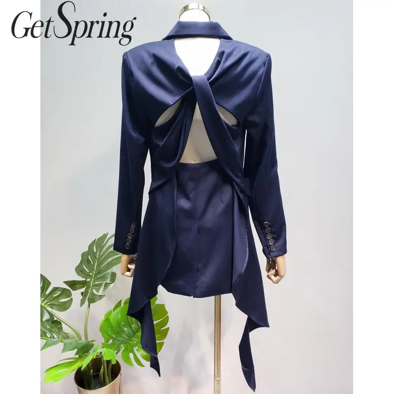 

GetSpring Women Blazer Long Sleeve Double Breasted Blazer Backless Swallow Tail Womens Jacket Sexy Blue Blazer Fashion Suit Coat