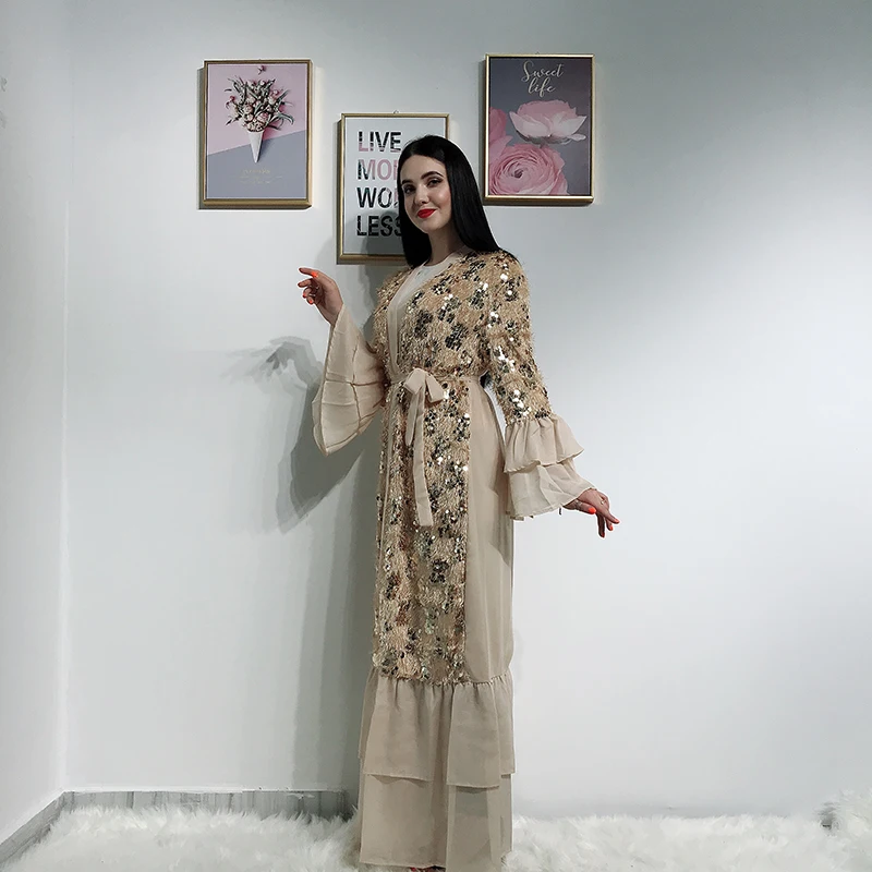 Кисточкой блестками женское платье Дубая исламский, мусульманский платье хиджаб длинное кимоно Восточный халат из марокена Арабский исламский халат одежда