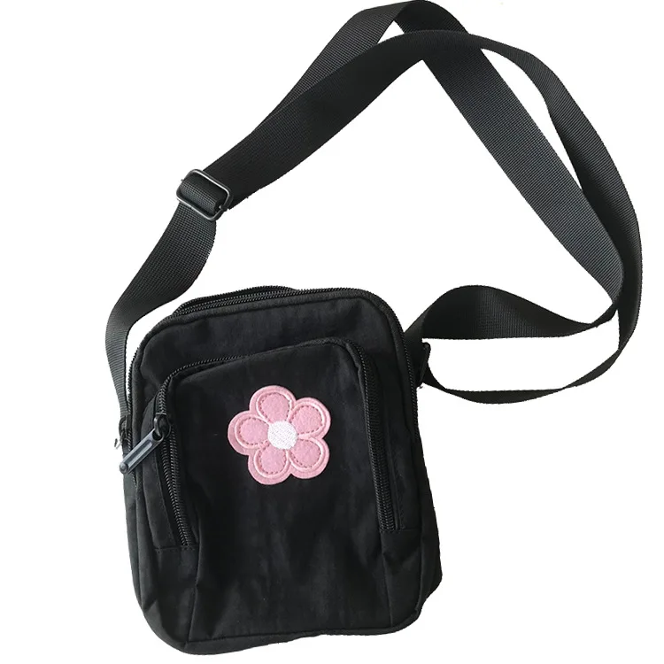 

Ougger Mini Crossbody Ladies Bags Shoulder Bags Summer Black Canvas Simple Literary Flap Bag with Flowers for Shopping