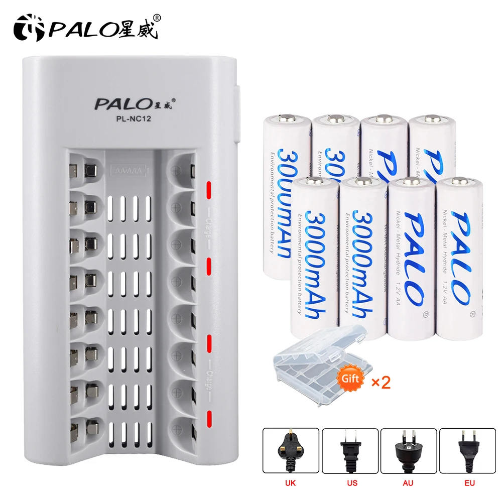 

8 slots charger with LED light fast smart battery charger for NI-MH aa aaa + 8pcs 3000mAh AA 2A rechargeable battery