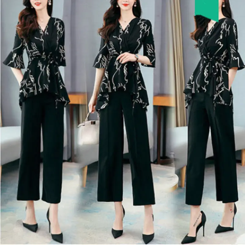 Women Sets Printed blous Solid Floor-length Wide Leg Pant Plus Size 4XL Elegant Office Ladies Causal Loose Fashion Summer Outfit sweat suits women