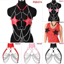 Красная Пентаграмма, металлической цепью кожа портупея бюстгальтер, Короткие топы Фетиш Харадзюку Готический регулировки выдалбливают Косплэй рейв портупея