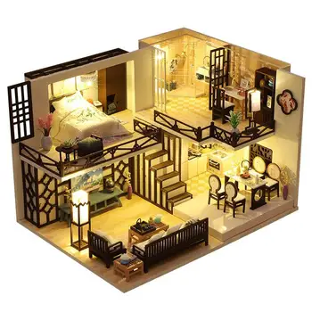 Doll House Wooden Furniture Diy Dollhouse Miniature Puzzle Assemble Miniatures Dollhouse Kits Educational Toys For Children Gift 1