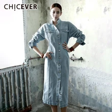 CHICEVER корейское повседневное джинсовое платье для женщин воротник с лацканами с длинным рукавом Высокая талия большие размеры Платья женские осень мода