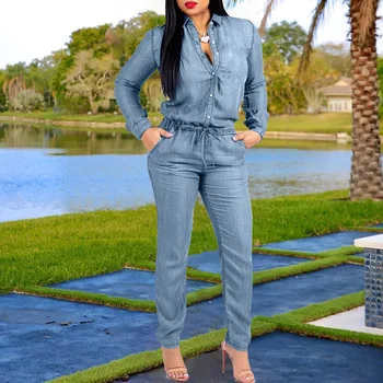 

2020 New Chic Denim Jumpsuit Women Vintage Casual Office Ladies Lace Up Long Jumpsuits Spring Retro Long Sleeve Overalls Female